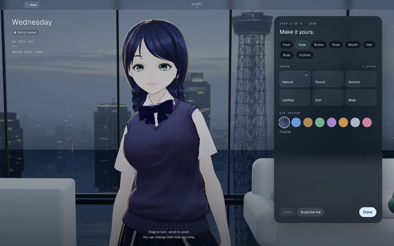 Making a persona in oomi for Mac: Wednesday up close, with choices for her eye shape and colour.