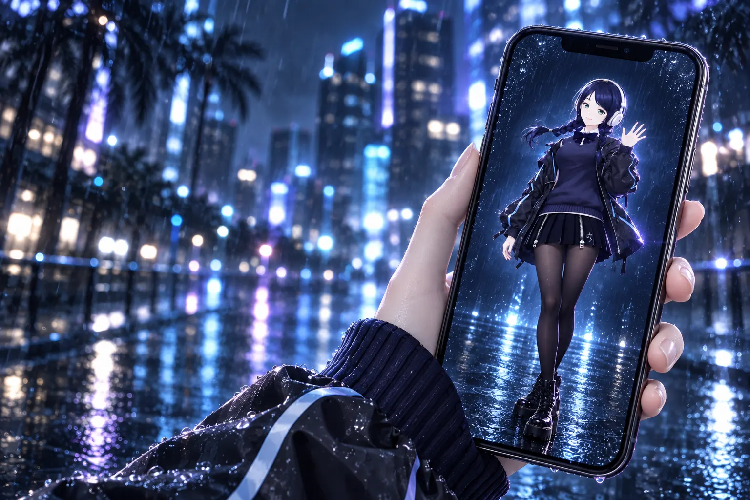 A hand holding a phone on a rainy night street, with Wednesday waving on the screen.